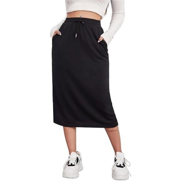 Women's Midi Skirt Drawstring High Waist Sweat Skirts with Pockets - Picture 7 of 7